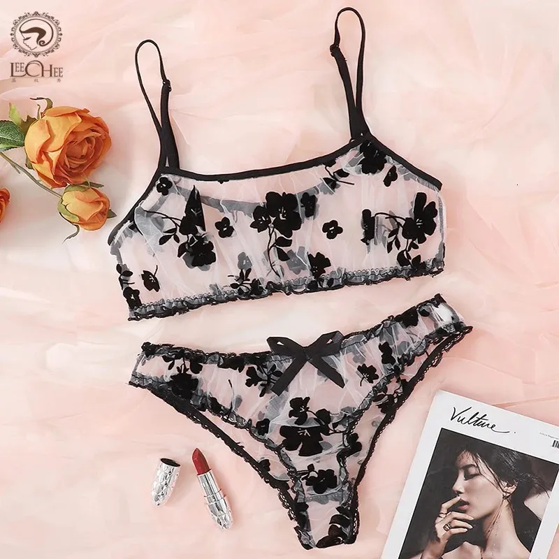 Leechee Lingerie Set Floral Full Cup Bra For Women Fashion Mesh Sexy Underwear Intimate Ruffles And Panty 240202