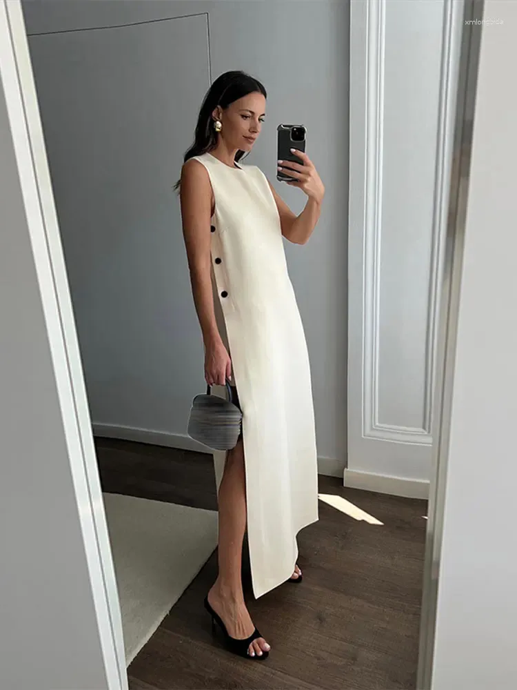 Casual Jurken Vrouwen Mouwloze Knop Split Midi Jurk Elegante Ronde Hals Off Schouder Vestidos Vrouwelijke Losse Mode High Street Gewaden