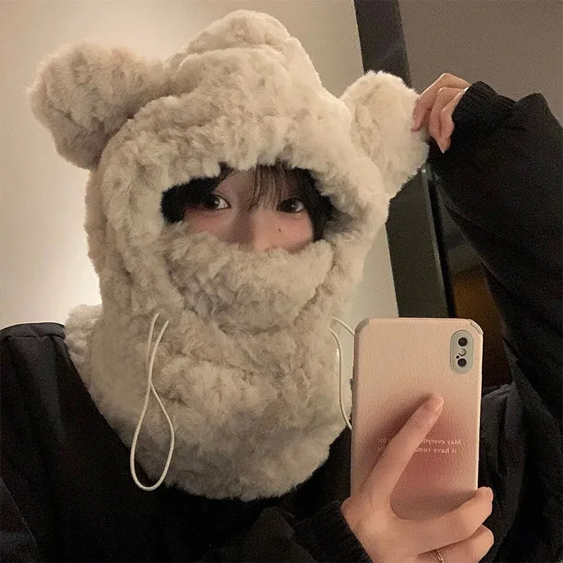 Kvinnor Vinter varm hatt halsduk sätter plysch förtjockat allt-i-ett kawaii björn öron beanie vindtät halsduk huva öronskydd cap240125