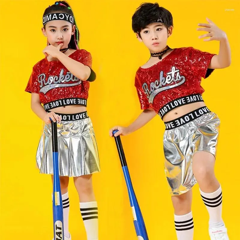 Scene Wear Boy Girl Jazz Dance Costumes For Girls Cheerleader Clothes Kid Hip Hop Paljett Suit Child Ballroom Dancing Set