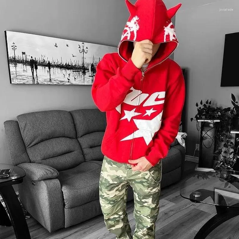 Hoodies dos homens Hip Hop Dark Bat Wing Devil Horn Gótico Zip Up Hoodie Jaqueta Homens Mulheres Oversized Moletom Kawaii Roupas Harajuku Inverno Y2K