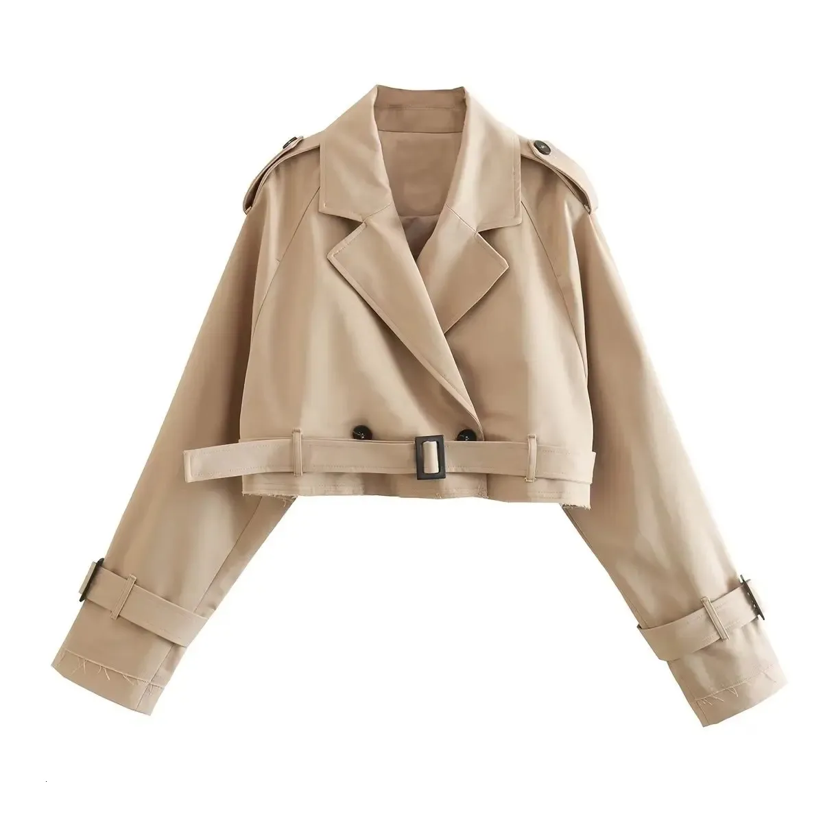 Khaki Croped Trench Kvinnor Långärmar Croped Design Jacket Chic Lady High Street Casual Loose Coats Top Female 2023 240122