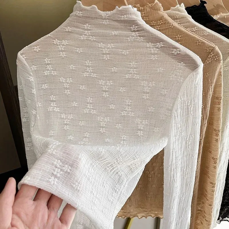 Weiße Mesh-Bluse mit Spitzenboden für Damen, Frühling und Herbst, schlankes Hemd im französischen Stil, sexy, halbhoher Kragen, Jacke, Design 240202