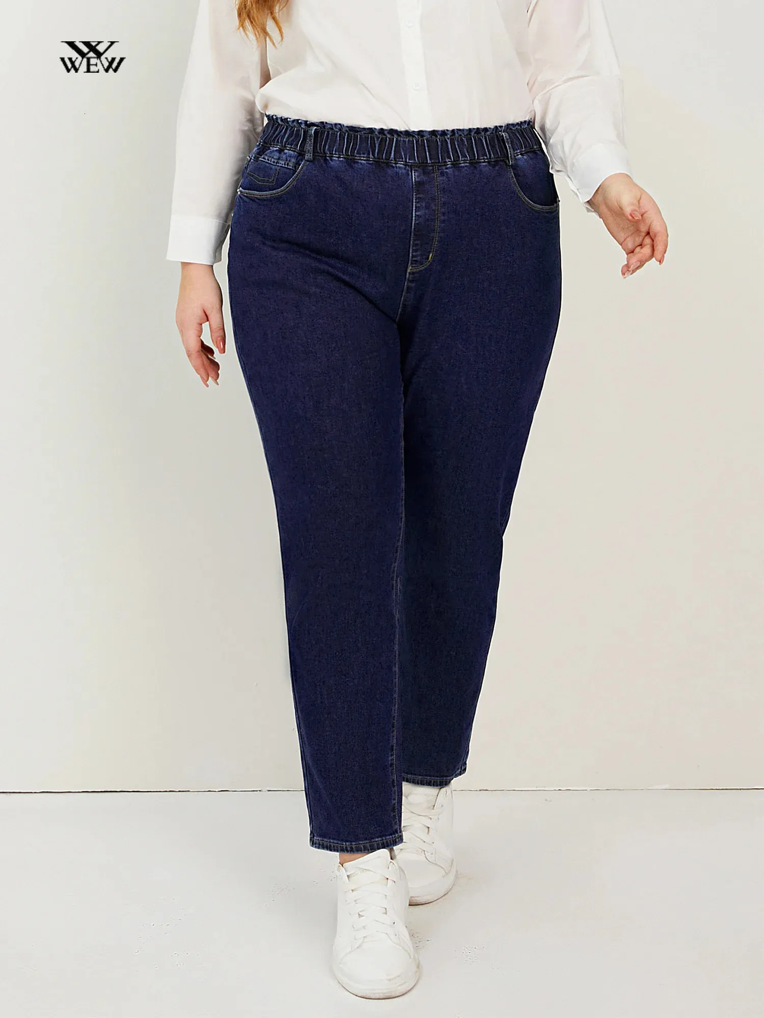 Plus storlek kvinnor harem jeans hög midja drag på mamma jeans stretchig stor storlek 8xl 175 cms hög lady denim tvätt jeans byxor 240202