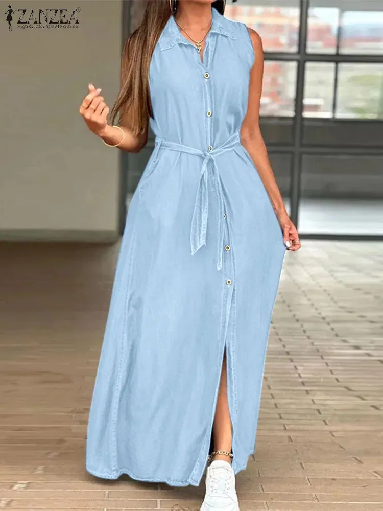 denim long dresses Soft Denim Midi Dress with Pockets main image 1