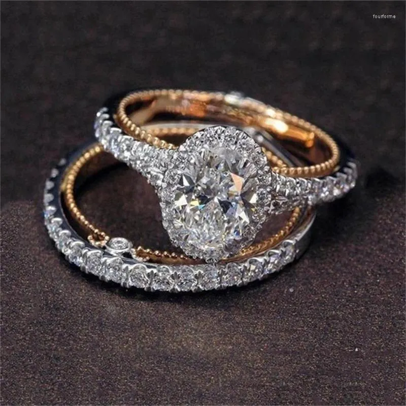 Pierścienie klastrowe urok Rose złoto srebrny kolor okrągły owalny metal inkrustowany biały kamienie zcron pierścionka Zestaw ślubny biżuteria