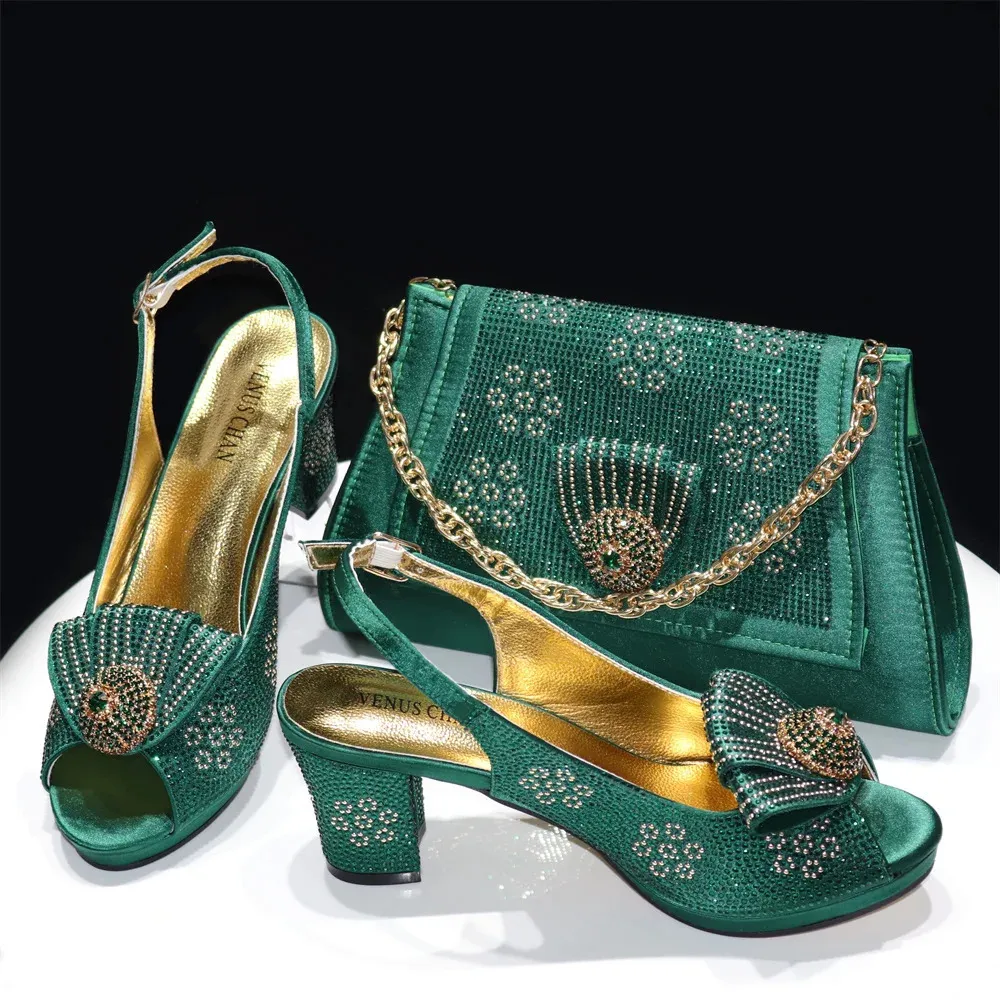 doershoh素敵なアフリカの靴とバッグマッチングセットグリーンと女性を販売する女性の結婚式hre115 240130