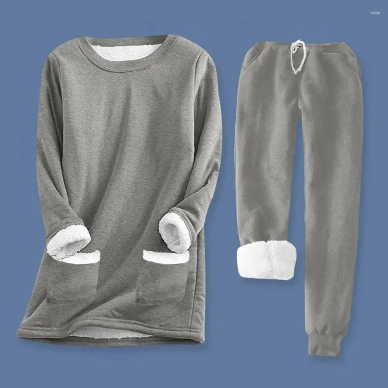 Damen-Nachtwäsche, reguläre Passform, Damen-Outfit, Loungewear-Set, gemütlicher, mit Fleece gefütterter Pyjama mit Kordelzug an der Taille, langärmliger Pullover für