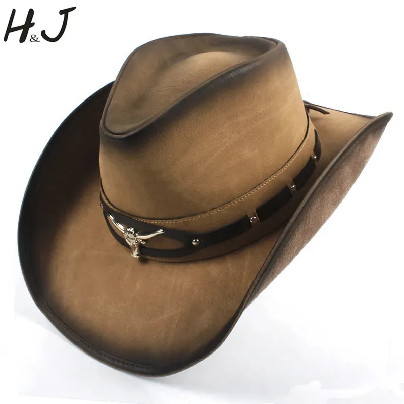 100% cuero negro hombres sombrero de vaquero occidental para caballero papá sombrero hombre gorras padrino sombreros tamaño grande XXL gota 240202