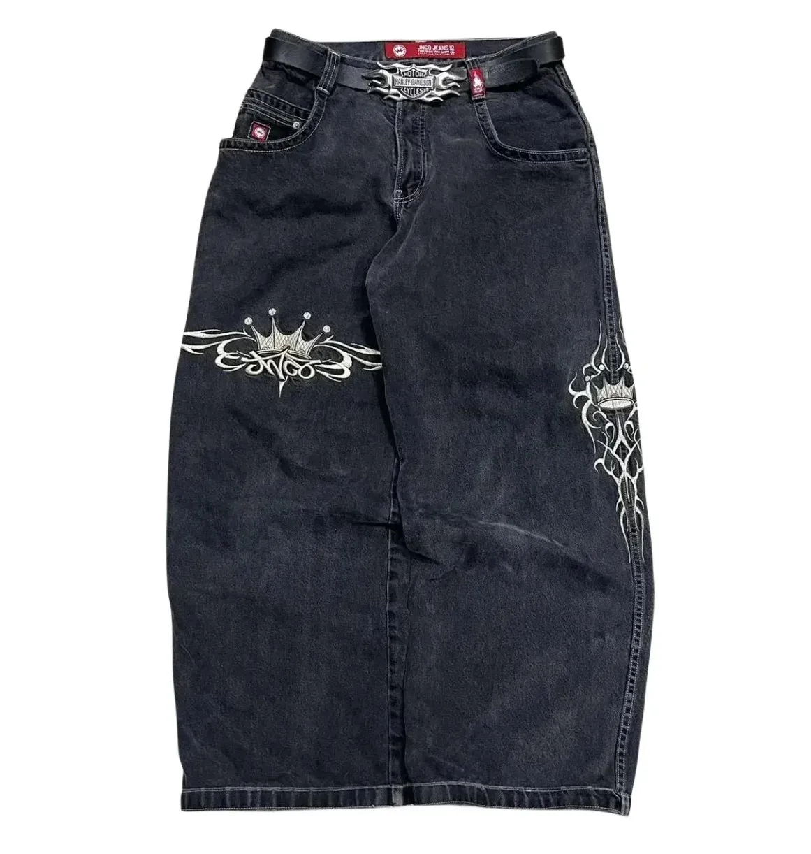 JNCO Jeans Mens Harajuku Retro Hip Hop Skull Embroidery Baggy Jeans Denim Pants 90s Street Gothic Wide Trousers Streetwear 240122