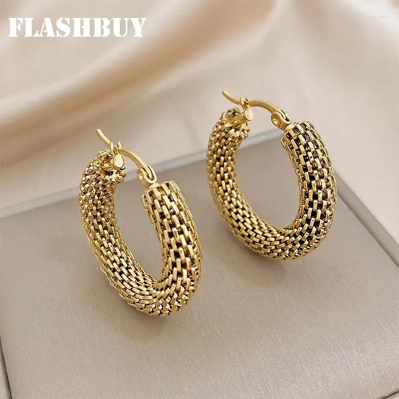 Creolen FLASHBUY Edelstahl Gold Farbe Geometrisches Metallgeflecht Für Frauen Mädchen Trend Ohrschmuck Geschenk