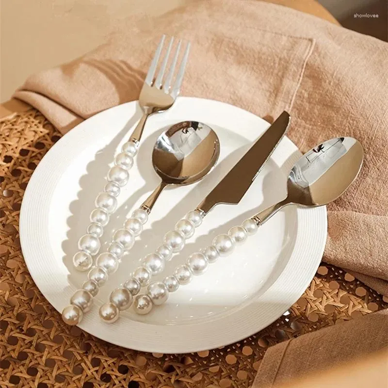 Dinnerware Sets 2024 4 pièces Europe argent mode perle ensemble de couverts en acier inoxydable créativité cadeau couverts 304 couteau fourchette cuillère dîner