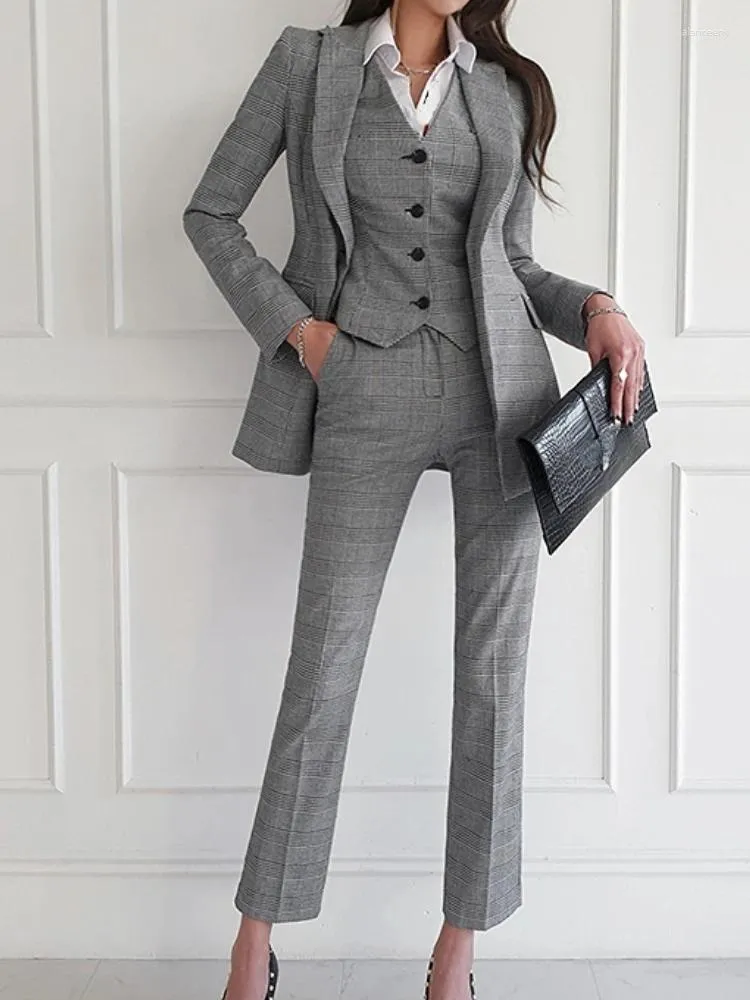 Pantalon de deux pièces pour femmes Femmes élégantes formelles blazer d'affaires 3 pièces costume bureau travail veste à carreaux gilet pantalon costume mode coréenne femme