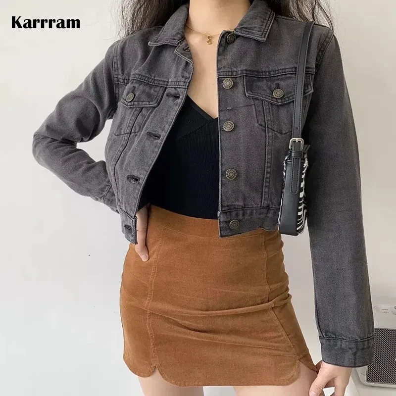 Karrram Vintage Black Denim Cropped Jacket Women Dark Gray Long Sleeve Short Jeans Jackets Ladies Fashion Distressed Coats Solid 240125