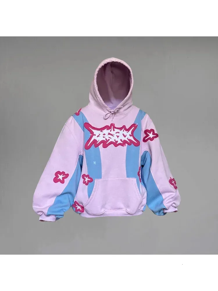 Verontruste geborduurde sport sweatshirts hoodie dames brede mouw retro ster bloem sweatshirt patchwork roze streetwear 240126