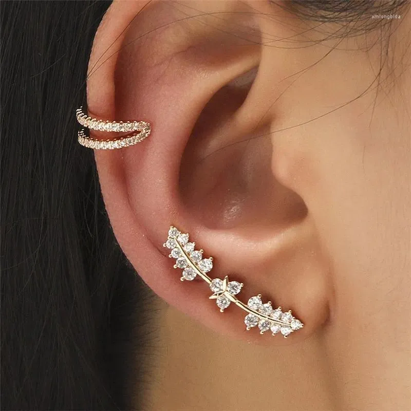 Backs Earrings Gold Color Cubic Zirconia Leaves Clip For Women Men Simple Non-Piercing Wedding Jewelry Gifts