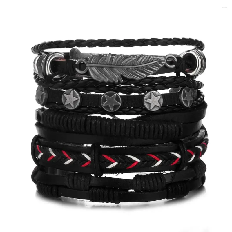 Link Bracelets Leaf Feather Multilayer Leather Bracelet Men Fashion Braided Handmade Star Rope Wrap & Bangles Male Gifts Jewe