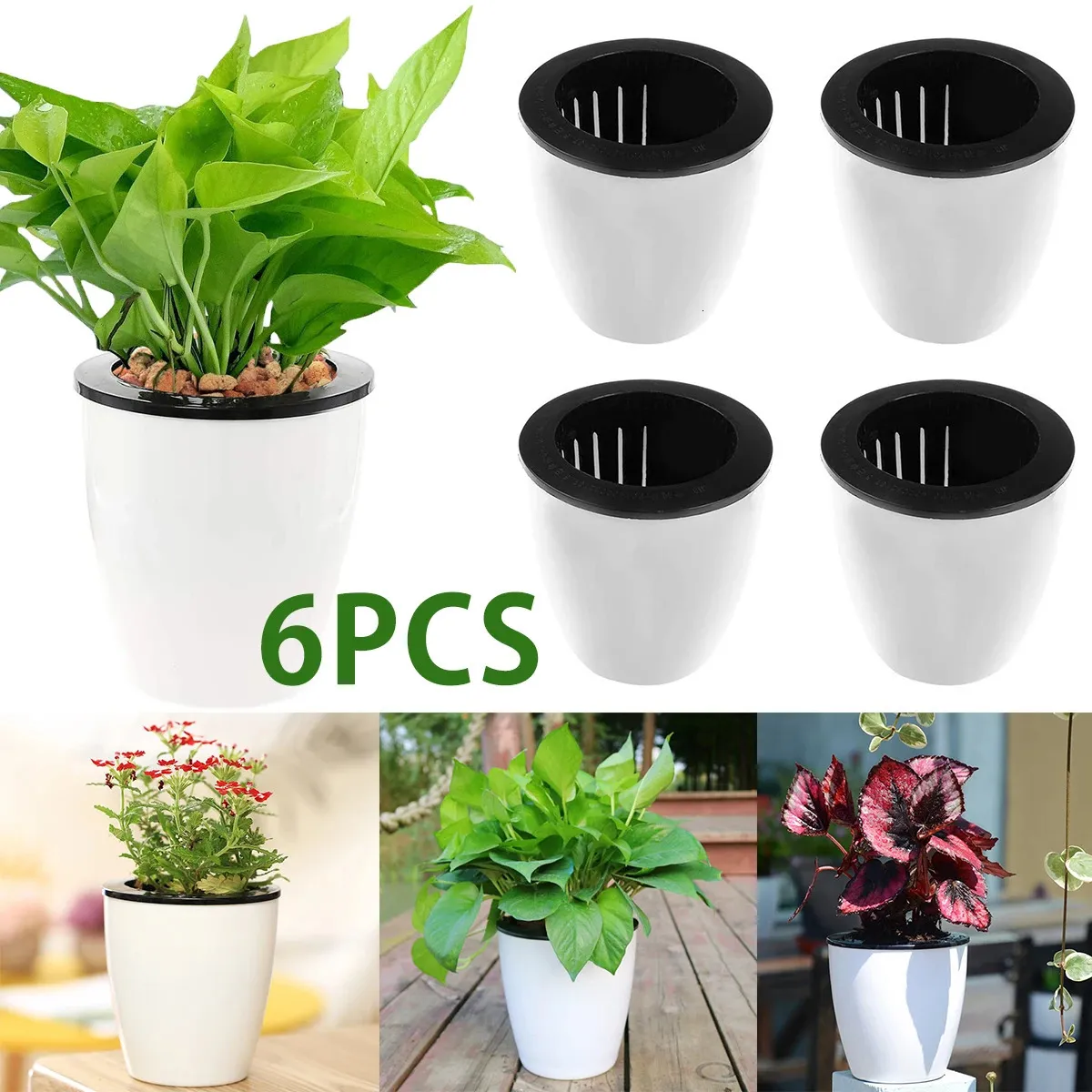 6PCS屋内植物のための綿ロープ付きセルフウォーターポット47インチの植木鉢装飾ガーデンPPプランター240131