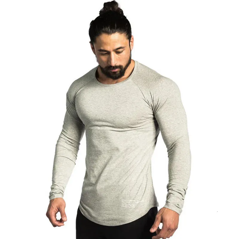 Cotton Long Sleeve Shirt Men Casual Skinny Tshirt Gym Fitness Bodybuilding Workout Tee Tops Male Crossfit Run Training Clothing 240129