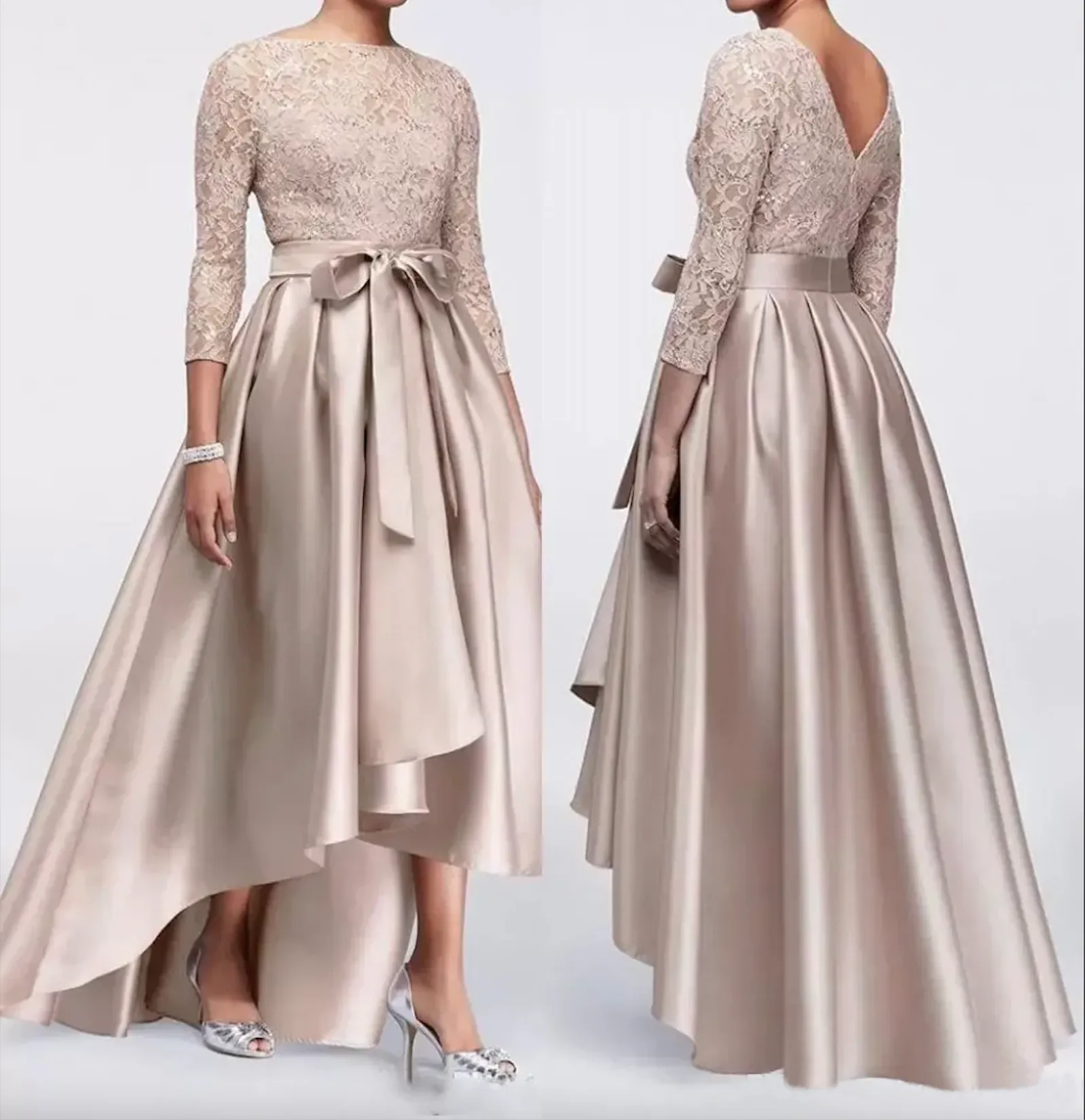 Plus Champagne Lace Size the Bride Dresses Long Sleeves Satin High Low Sashes Mother of Groom Gowns Mor