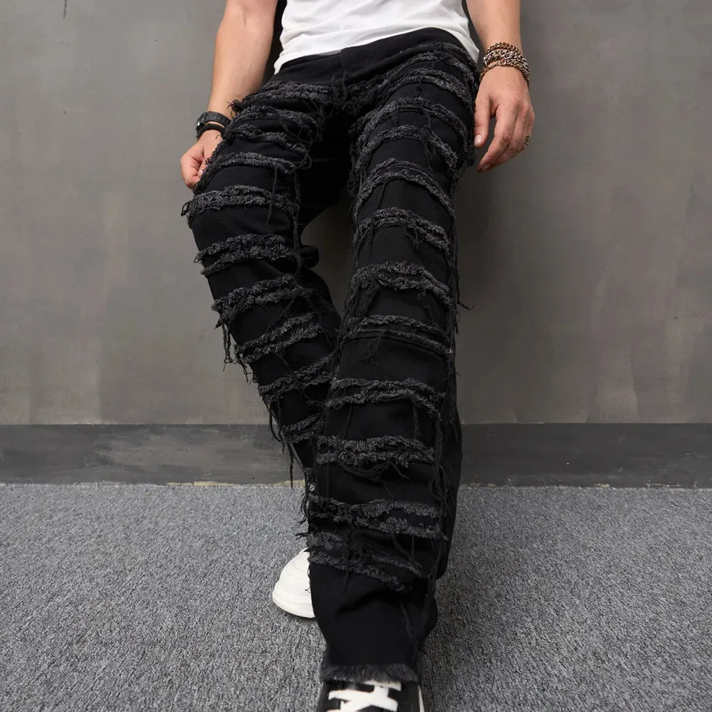 Mężczyźni High Street Stylish Riste Patch Patters Pants Mężczyzna luźne proste swobodne spodnie dżinsowe 240125