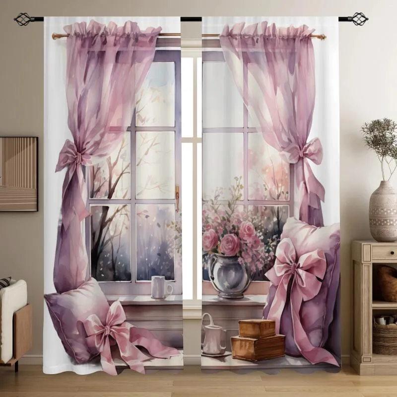Gardin 2st akvarellblomma tryckta genomskinliga gardiner Multi-scen Rod fickdekor för vardagsrum sovrum hem