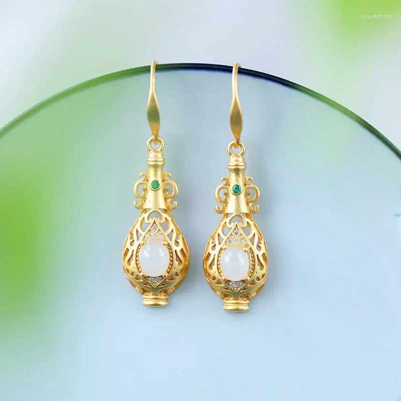 Dangle Earrings S925 Sterling Silver Natural Hetian Jade White Vase Women's Ancient Style Chinese Fresh High-Grade Ornament