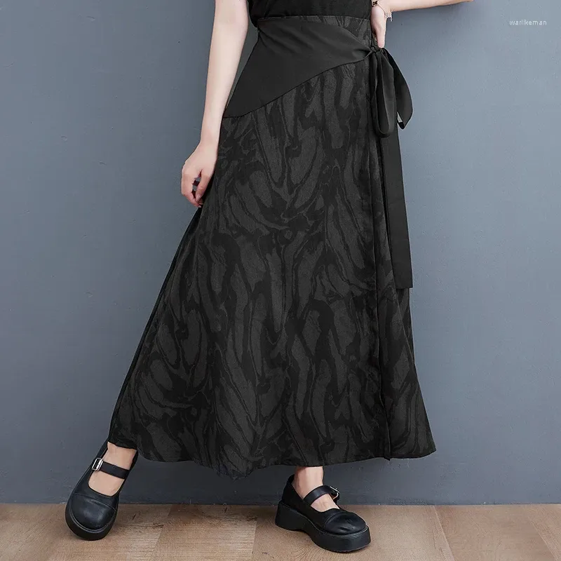 Skirts Japan Style Tie Dye Print Bandage High Waist Dark Black Sumemr Office Lady Work Fashion Women Casual Midi