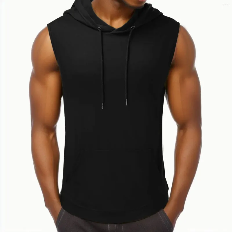 Herrtankstoppar Mens ärmlös stilig fast färg huva dragskonfrontficka västar sport hoodie överdimensionerad fritidssportkläder