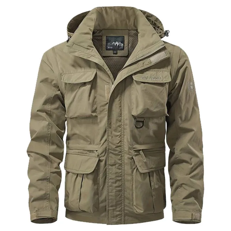 Верхняя мужская осенняя куртка в стиле милитари с несколькими карманами и мягкой оболочкой, уличная куртка с капюшоном и съемными рукавами, дорожный жилет, верхняя одежда 240202