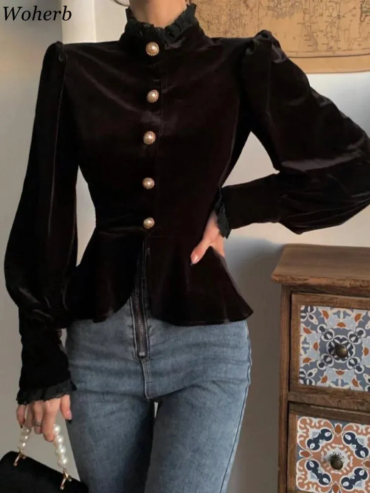 Woherb Корейская винтажная рубашка с рукавами-фонариками Blusa Кружевная высокая горловина с жемчужными пуговицами Черная тонкая элегантная модная бархатная блузка Женская укороченная рубашка 240125
