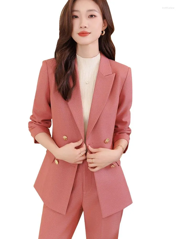 Damen Zweiteilige Hosen Herbst Winter Kaffee Rosa Schwarz Marineblau Hosenanzug Frauen Büro Damen Business Arbeitskleidung Blazer und Hose formell 2