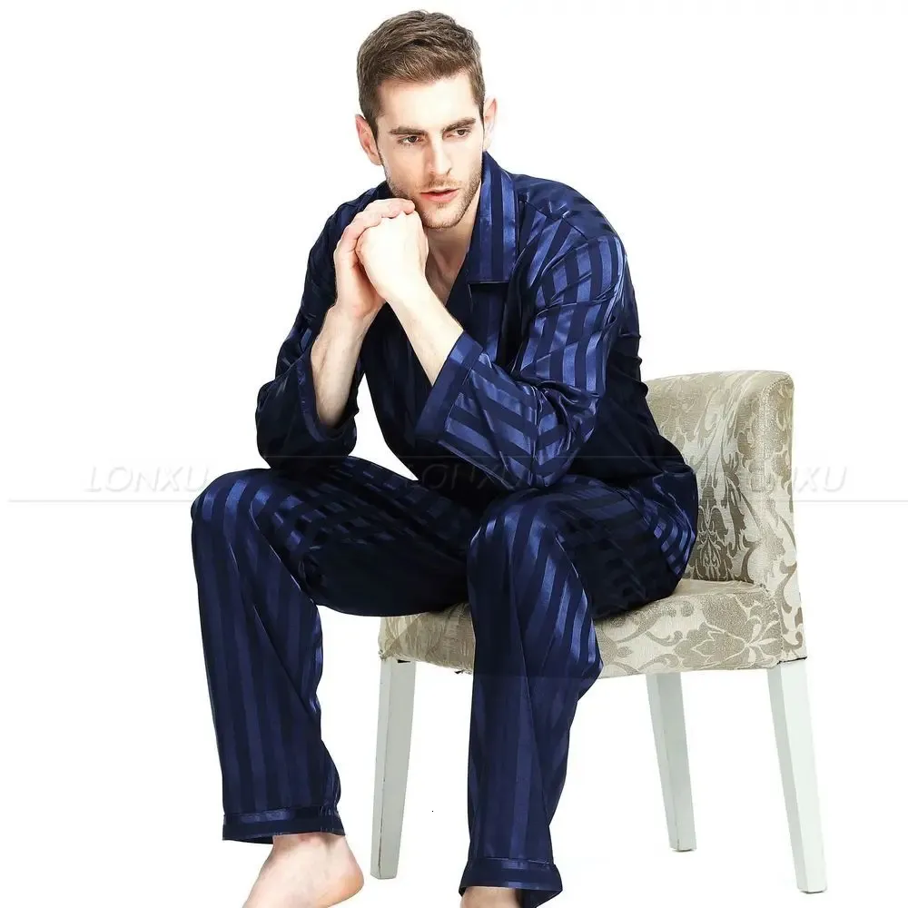 Mens Silk Satin Pyjamas Set Pyjama Pyjamas Set Sleepwear Set Loungewear SMLXL2XL3XL4XL Plus randig svart 240131