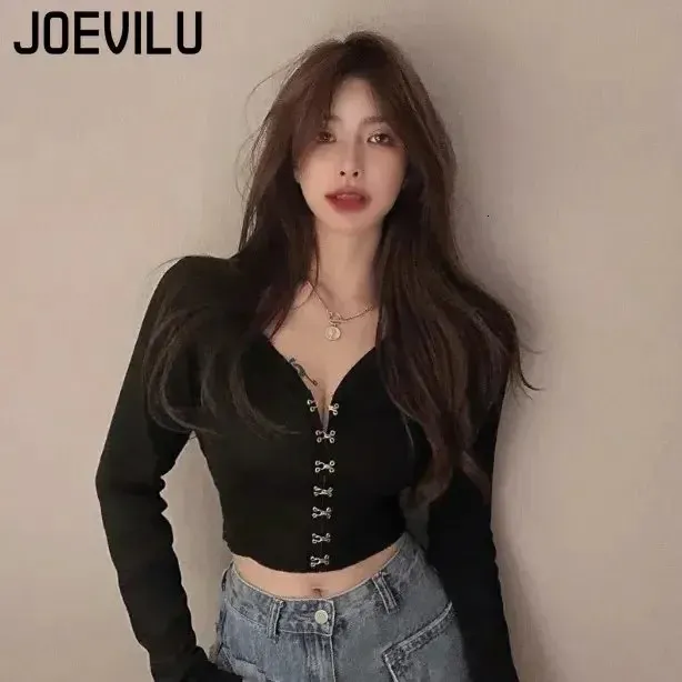 JOEVILU Chic Crop Tops Sexy Vneck Tricoté Cardigan Printemps et Automne T-shirt à manches longues Femmes Coréen Y2k Top Gothique Vêtements 240201