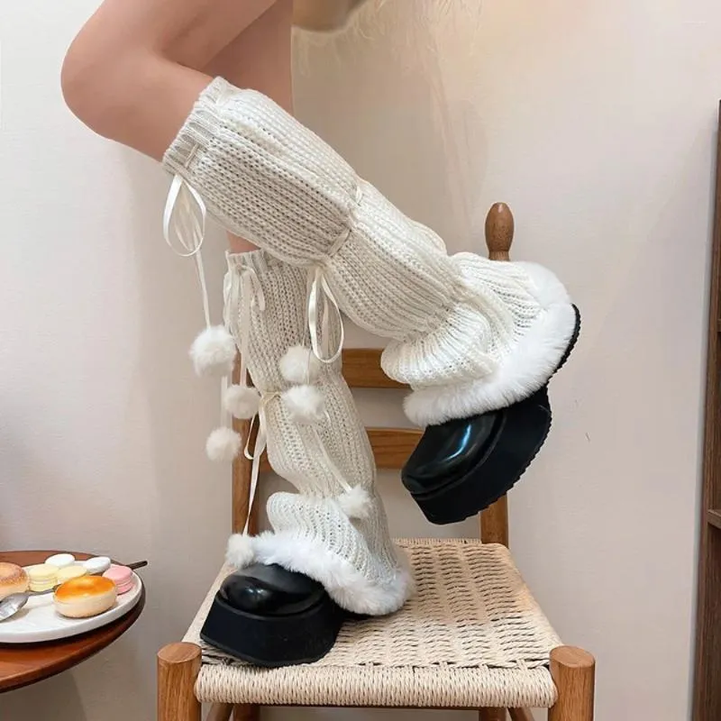 Calzini da donna lavorati a maglia con fiocco a forma di palla, caldi stivali lunghi, morbidi scaldamuscoli alti al ginocchio, autunno inverno