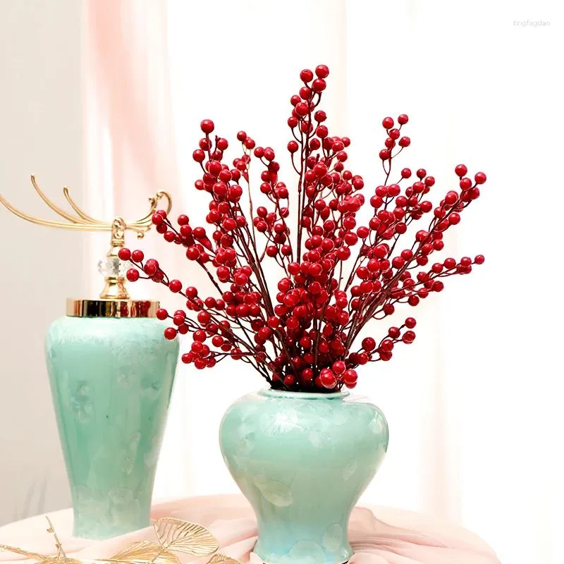 Fiori decorativi 73 cm lunghi rami di bacche artificiali seta rossa agrifoglio frutta schiuma foglie dorate per l'anno cinese inverno decorazioni per la tavola di casa