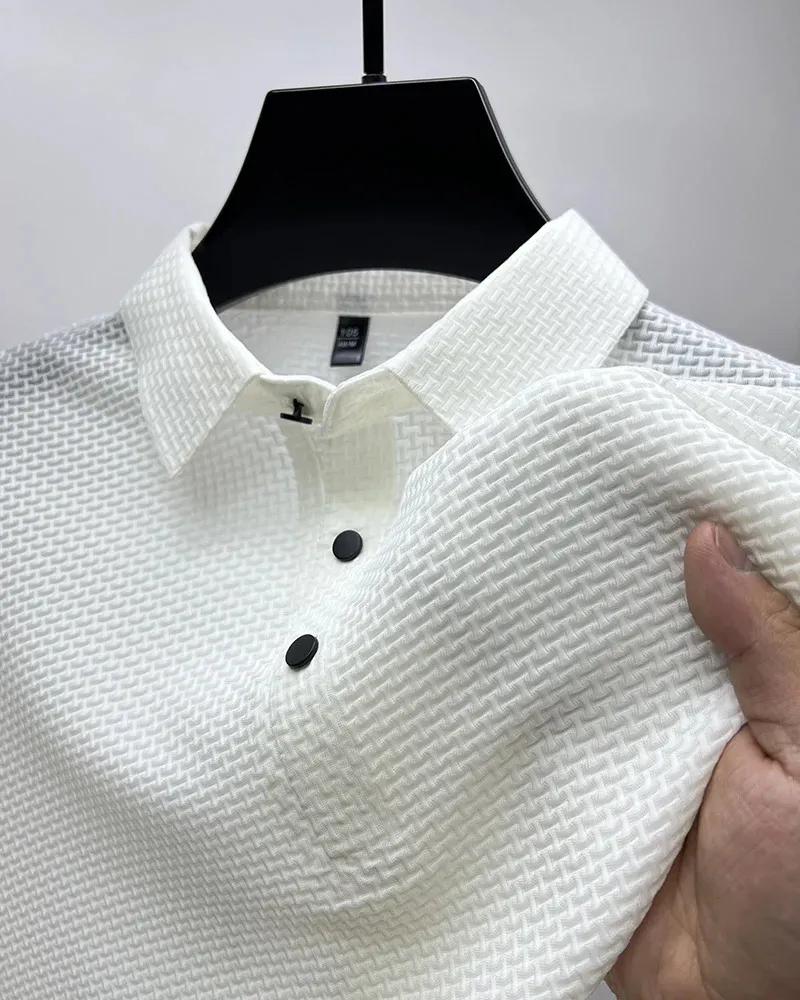 Polo élastique en soie glacée haut de gamme, t-shirt d'été tendance, vêtements respirants pour hommes, haut de luxe à manches courtes, 240124