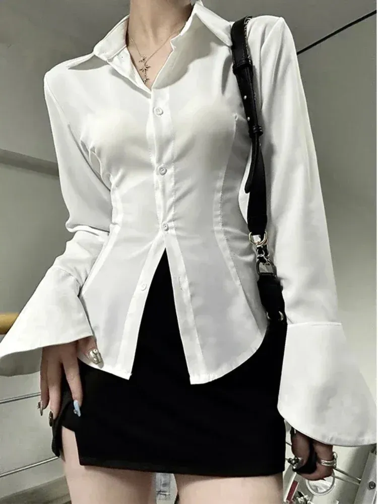 Camicia da donna in chiffon sottile tinta unita sexy colletto rovesciato manica svasata tunica fasciatura design camicette da donna vintage top da ufficio 240129