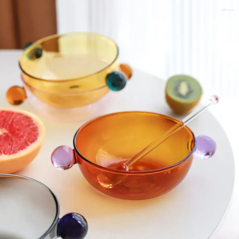 Skålar 6.4 tum glassskål med handtagsglas för yoghurt japansk färgglada bordsart soppa värmebeständig