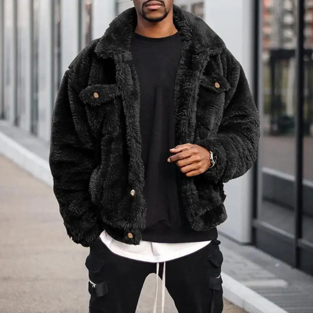 Winter Coat Solid Color Plush Simple Fluffy Men Jacket Hiphop Style 240130