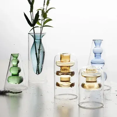 Modernt enkelt färgglas Kreativt dubbel transparent vaskonst personlighet blomma ware vase hem dekoration tillbehör 240122