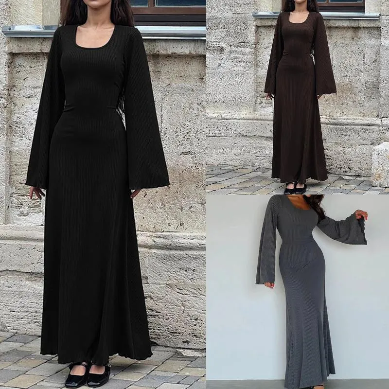 Robes décontractées robe à manches évasées couleur unie à lacets femmes longue coupe ample plissée style maxi tenue de vacances de base