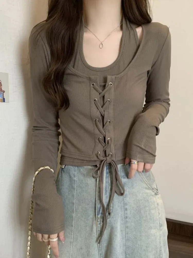 Sexy halter colheita topo feminino primavera outono manga longa bandagem tshirts feminino coreano moda vintage picante menina magro y2k roupas 240201