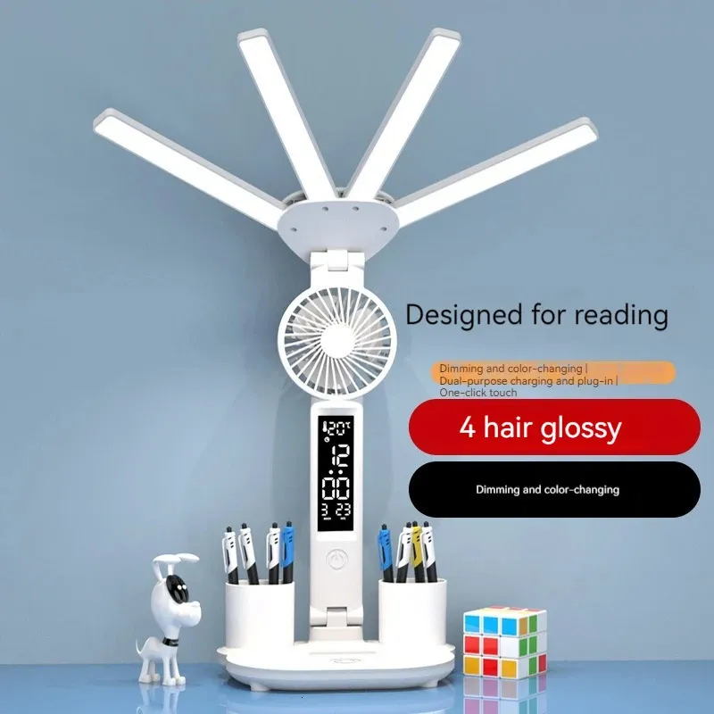 4head Fan Eye Protection Desk Lamp充電LED折りたたみ学習学生寮インテリジェント240125