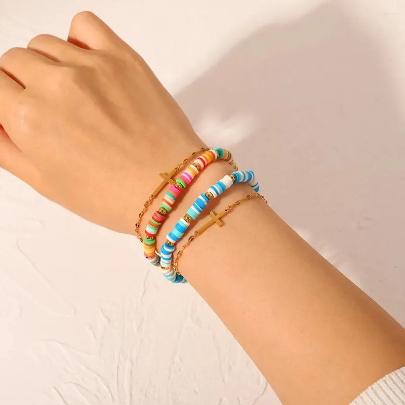 Link pulseiras 18k ouro argila macia pulseira colorida para mulheres personalidade cerâmica azul branco círculo verão senhoras jóias