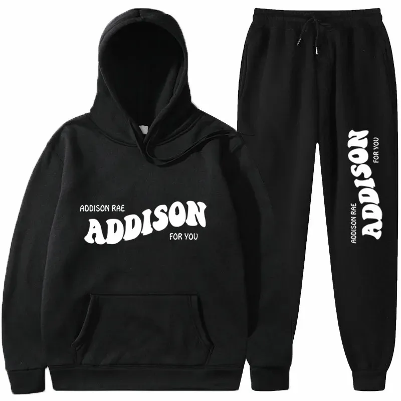 Addison Rae Print Men Women Tracksuit Set Casual Hoodie and Pants 2st Set Sets Overized Sweatsuit Fashion Simple Par Clothing 240202