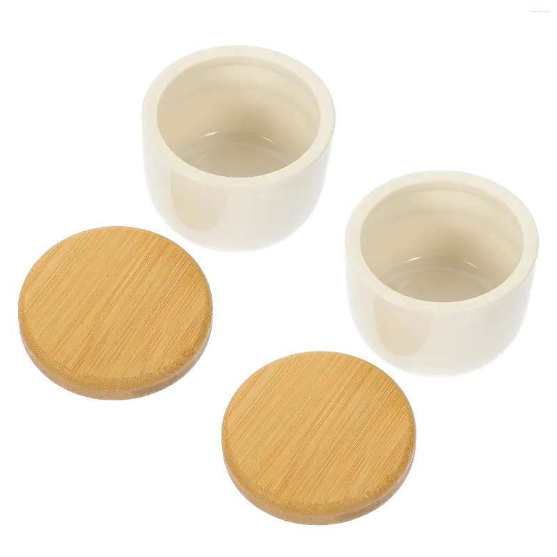 Storage Bottles 2 Pcs Bamboo Lid Ceramic Jar Tea Can Glass Spice Sealed Grains Container Ceramics