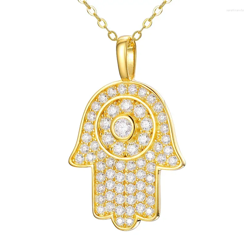 Correntes S925 Prata Gelado Moissanite Fatimas Mão Pingente Colar 14K Banhado A Ouro Bling Mosan Hamsa Colares Mulheres Homens Pass