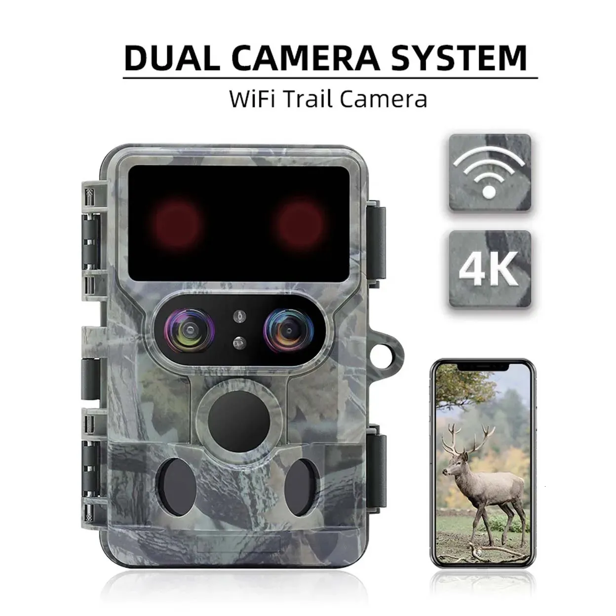 Trail Camera WiFi 4k 48MPNo Glow Nachtzicht Bewegingsgeactiveerd IP66 Waterdichte Jacht Cam Mobiele App voor Wildlife Monitoring 240126