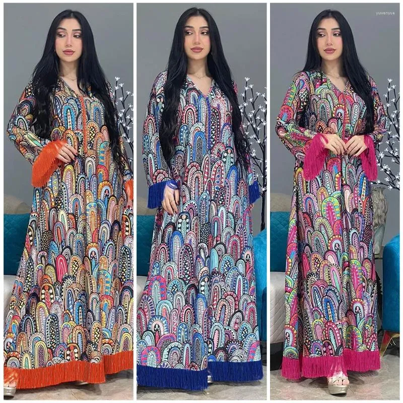 Ethnic Clothing Women's Oversize Muslim Retro Style Dress Printed Tassels Loose Fitting Long Sleeved Fashion Abayas Caftan Robes